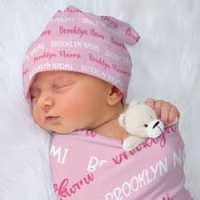 Baby Name Blanket. Personalized Newborn Gift Set. 100% Organic Cotton.  Swaddle Blanket With Wide Knot Headband and Newborn Hospital Hat.