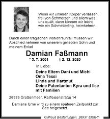 Familie therese und marian fassmann | sommerhalde 66 • 72202 nagold tel. Traueranzeigen Von Damian Fassmann Nordwest Trauer De