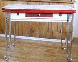 Bases for medium to large table tops: Vintage Enamel Top Table Red And White Metal Chrome And Enamel Table Kitchen Table Slide Out L Vintage Metal Table Vintage Kitchen Table Kitchen Table Redo