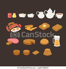Retro breakfast, lunch, dinner restaurant, diner, cafe, truckstop sign or menu clip art vector version of my own calligraphy the schedule of meals with bread, cheese and a bottle British Menu English Breakfast Lunch And Dinner Sausage Egg Becon Sandwich Fish And Chips Pudding London Tea Canstock