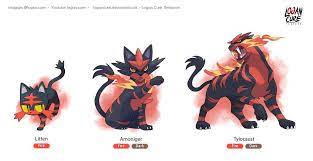 Litten is a fire type pokémon introduced in generation 7. Litten Line Evolution Concept By Logancure Pokemon Pokemon Incineroar Pokemon Breeds