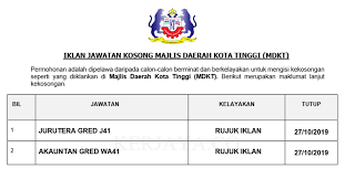 Majlis daerah kota tinggi, jalan padang, 81900 kota tinggi, johor. Jawatan Kosong Terkini Majlis Daerah Kota Tinggi Mdkt Jurutera Akauntan Kerja Kosong Kerajaan Swasta