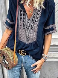 Casual Printed Tribal Short Sleeve V Neck Plus Size Blouse