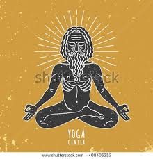 Indian Yogi Figure With Linear Pattern On A Yellow Textured Background Old Man Meditates In Lotus Pose Vector I Linear Pattern Illustration Typography Poster