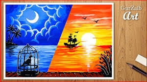 Half paintings search result at paintingvalley com. How To Paint A Day And Night Scenery Simple Painting Of Sea Moon And Sun Nature Drawing Art Youtube