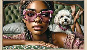 Hello could someone please do a plump lady in heaven as an angel with short  bobbed hair glasses with a shizu dog by her side with brown and black fur