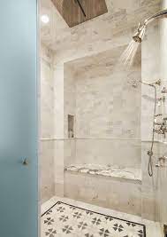 Frosted Glass Door Opens To Shower With Rain Shower Head Transitional Bathroom Shower Tile Frosted Glass Door Shower Heads