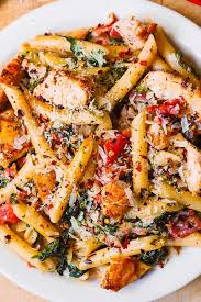 This dinner is perfect for dinner tomorrow night! Chicken And Bacon Pasta With Spinach And Tomatoes In Garlic Cream Sauce Julia S Album