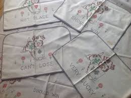 Vintage Bridge Card Table Set Scottie Dog Card Table Set Five Piece Bridge Table Linens Colortex Chair Back Covers And Card Table Set Dog Cards Bridge Card