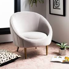 Safavieh Couture Razia Channel Tufted Tub Chair Pale Taupe Gold Fabric Barrel Chair Arm Chairs Living Room Chair