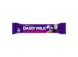 Cadbury black forest chocolate consists of cherry flavoured jellies and biscuit pieces in delicious milk chocolate. Cadbury Dairy Milk Black Forest Bar 45g