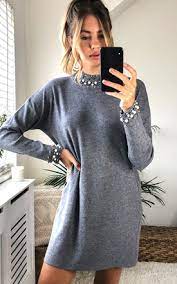 A whimsical art knit, handcrocheted in a panoply of stitches at the fitted bodice and sleeves. Grey Jumper Dresses Silkfred