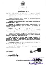 These dates may be modified as official changes are announced, so please check back regularly for updates. Proclamation No 729 Declaring Wednesday 05 June 2019 A Regular Holiday Throughout The Country In Observance Of Eid L Fitr Feast Of Ramadhan Presidential Communications Operations Office