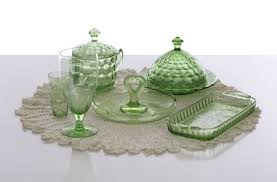 Pink depression glass art deco candy dish with two handles *condition: Depression Glass Patterns Identification Guide