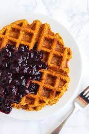 Blender Sweet Potato Waffles With Blueberry Sauce Vegan Gluten Free Emilie Eats Recipe Sweet Potato Waffles High Protein Desserts Potato Waffles