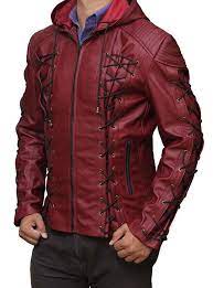 Amazon Com Arrow Hoodie Leather Costume Jackets Available In 3 Designs Clothing Leather Jacket With Hood Red Hooded Jacket Leather Jacket Men