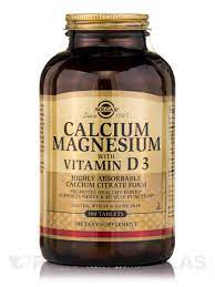 A simple amber bottle and brown label identifies the product, which consists of small tablets offering 200 mg of calcium each, alongside 100 mg of magnesium and 80 mg of vitamin d. Calcium Magnesium With Vitamin D3 300 Tablets