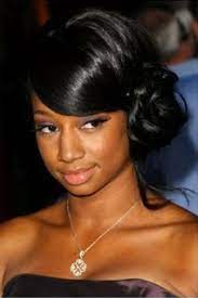 Black Girl Long Side Bun Hairstyles With Side Swept Bangs For Natural Black Hair Color Jpg 379 568 Pixel Bridesmaid Hair Black Hair Updo Hairstyles Hair Styles