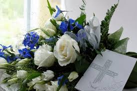 Find images of flowers bouquet. Funeral Bouquet With Blue And White Stock Image Colourbox