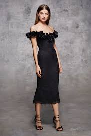 Off Shoulder Corded Lace Tea Length Cocktail Dress With 3d Velvet Stamped Flowers At Neckline And Scallop Lac Elegant Dresses For Women Elegant Dresses Dresses