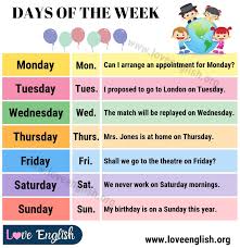 Observing, measuring and recording these cycles may appear simple but organizing these units into practical time reckoning systems has challenged man's scientific resources for thousands of years. Days Of The Week 7 Days Of The Week With Useful Examples Love English