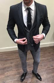 Slim Fit Black Jacket With Contrast Grey Waistcoat And Trousers Groom Wedding Suit Tailored Suit Grey Suit Wedding Wedding Suits Suits