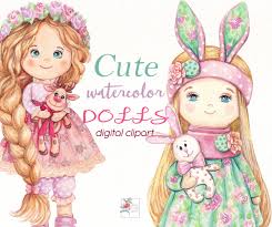 Dolls are toys made for children. Watercolor Clipart Tilde Dolls Set Of Cartoon Girls Set Of Etsy Clip Art Watercolor Clipart Doll Sets