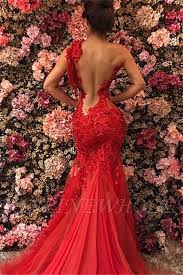 Chic One Shoulder Appliques Tulle Beading Mermaid Floor Length Prom Dresses Red Prom Dress Elegant Evening Dresses Long Evening Dresses Elegant