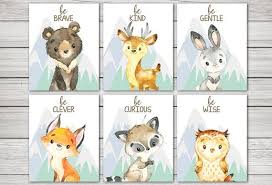 Woodland Animals Boy Wall Art Decor Bear Fox Owl Raccoon Deer Bunny Brave Wise Clever Kind Playful Digital Download Mountains Baby Animal Prints Boy Wall Art Woodland Animals