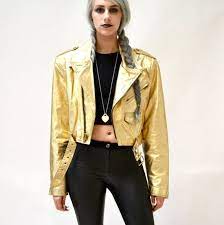 Vintage Gold Leather Jacket Biker Motorcycle Jacket Metallic Etsy Leather Jacket Jackets Gold Leather