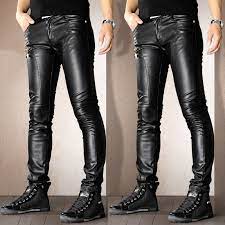 Mens Punk Motorcycle Leather Leisure Trousers Skinny Slim Fit Casual Jeans Pants In 2021 Mens Leather Pants Black Leather Pants Slim Fit Casual Pants