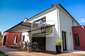 Economisez avec notre option de livraison gratuite. Maison Moderne Terrasse En Bois Et Store Banne Fototapete Fototapeten Glasiert Anthrazit Strandkorb Myloview De