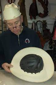 Step 6 Spray The Brim With Water To Soften Up The Pies Then Press It Down Evenly Over The Crown Of The Hel Equestrian Helmet Cowboy Hats Horse Riding Helmets