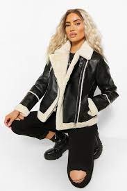 Bonded Contrast Faux Fur Biker Boohoo In 2020 Coat Fashion Biker Coat Aviator Jackets