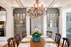 A small dining room which consists of sleek rectangular table with wood top and black metal legs. Elegant Traditional Dining Room With Custom China Cabinets Klassisch Esszimmer Charleston Von Strathmore Floors Design Cabinets Houzz