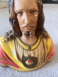Vintage French Chalkware Jesus Sacred Heart Plaster Bust Religious Art