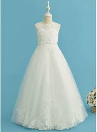 Ball-Gown/Princess Floor-length Flower Girl Dress - Tulle/Lace Sleeveless  Scoop Neck With Beading (010225310) - JJ's House