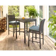 Hampton Bay Fenton 3 Piece Wicker Outdoor Patio High Bar Bistro Set With Peacock Java Cushion D9131 Bistro The Home Depot Patio Seating Sets Patio Furniture Sets Patio Seating