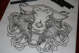 Magical alice in wonderland tattoo ideas and meanings. Wonderful Outline Sheep And Wolf Heads Surrounded With Roses Tattoo Design Tattooimages Biz