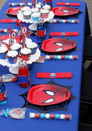Cut 4 long streamer strips and make an asterisk shape. Spiderman Birthday Party Ideas Photo 26 Of 34 Spiderman Birthday Party Spiderman Birthday Spiderman Theme Party