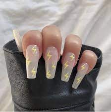 Shay Reusable Press On Nails Abstract Lightning Bolt Yellow Minimal Stick On Set Of 10 Hand Painted False Nails In 2021 Fire Nails Minimalist Nails Spring Acrylic Nails
