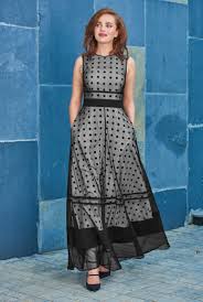 Black And White Striped Maxi Dress Online India Tulle And Polka Dot Print Crepe Maxi Dress In 2020 Flared Skirt Dress Dress Neck Designs Fashion Clothes Women