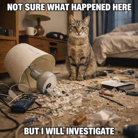 Detective Mittens has arrived… and somehow the main suspect is also the  lead investigator 🕵️‍♂️🐱 Nothing to see here, just a totally innocent cat  and a mysteriously destroyed living room 👀 👇