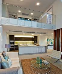Contemporary Living Room In White With Glass Fence For Mezzanine Floor Decoist Floor Design Loft Design House Design