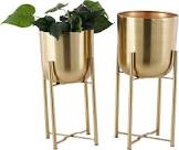 2-Piece White Round Metal Planters And Gold Stand Everly Quinn