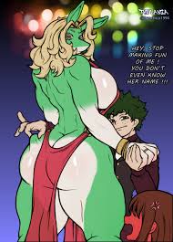 359608 - suggestive, artist:franchico1994, ippan josei (my hero academia),  canine, fox, human, mammal, anthro, my hero academia, 2024, bottomwear,  breasts, butt, clothes, detailed background, dialogue, digital art, dress,  ears, eyelashes, female, fur,