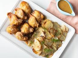 Crispy Chicken Thighs Creamy And Cheesy Potato Fennel Gratin And A Mustard Beer Sauce With Just One Sheet P In 2020 Pan Chicken Thighs Serious Eats Sheet Pan Recipes