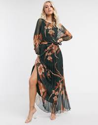 Asos Design Asos Design Blouson Pleated Maxi Dress With Self Belt In Floral Print Multi Asosdesign Cloth Maxi Dress Wedding Maxi Dress Pleated Maxi