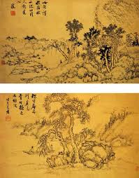 山水册 清程邃纸本墨笔纵35 7厘米横57 7厘米歙县博物馆藏程邃 公元1605 1691 字穆倩 号清溪 又号垢道人 安徽歙县人 山水法巨然 用笔枯瘦 自成一家 此册页共八开 每幅均有题画诗 所画山水宗法王蒙 纯用枯笔焦墨 追求荒朴古茂意境 本为新安画派技法特色