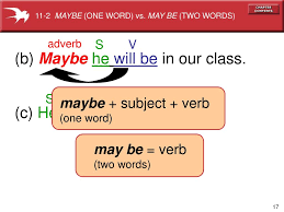 Maybe, the compound word, is an adverb meaning perhaps or possibly. may be is a verb phrase meaning might be or could be. Ppt 11 1 May Might Vs Will 11 2 Maybe One Word Vs May Be Two Words Powerpoint Presentation Id 4944250